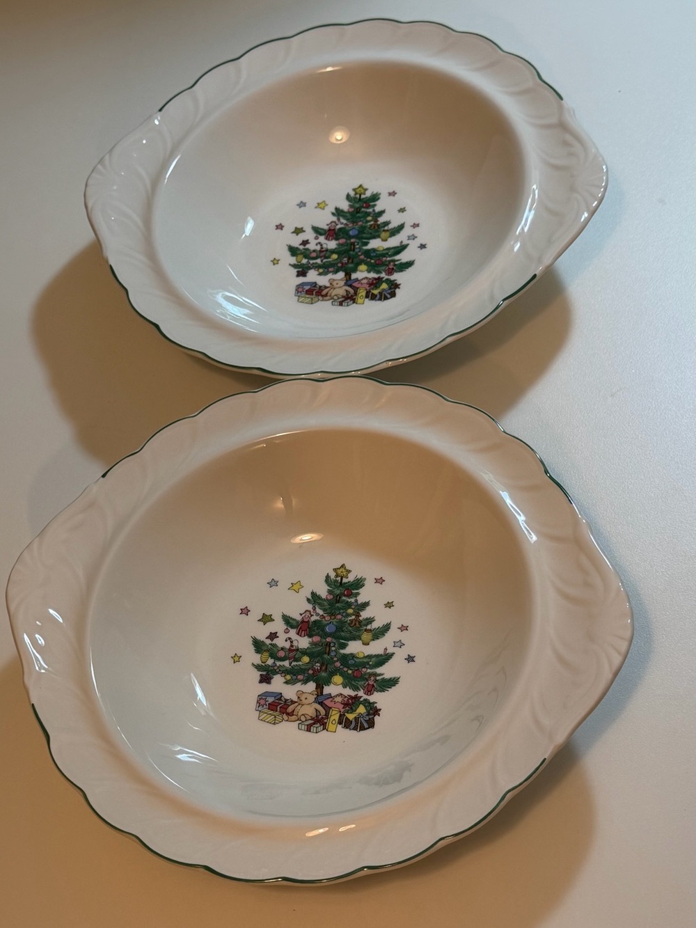 2 Vtg Nikko Happy Holidays Round Veg Serving Bowl w/ Lug Handles Christmas Decor